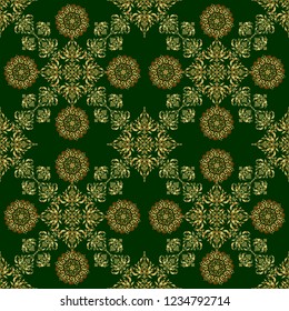 Seamless pattern of golden textured curls. Vector brilliant lace, stylized flowers, paisley. Openwork weaving delicate, golden background. Oriental style arabesques on a green backdrop.