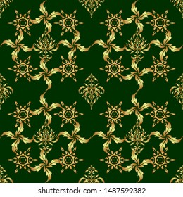 Seamless pattern of golden textured curls. Vector brilliant lace, stylized flowers, paisley. Oriental style arabesques on a backdrop. Openwork weaving delicate, golden background.