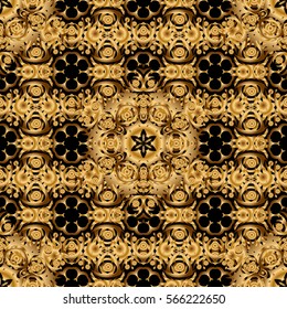 Seamless pattern of golden textured curls. Oriental style arabesques on a black backdrop. Vector brilliant lace, stylized flowers, paisley. Openwork weaving delicate, golden background.