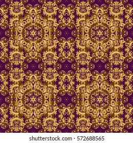 Seamless pattern of golden textured curls. Vector brilliant lace, stylized flowers, paisley. Openwork weaving delicate, golden background. Oriental style arabesques on a purple backdrop.