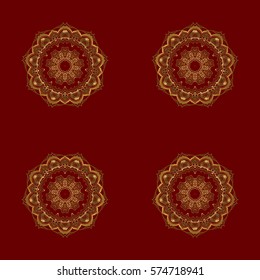 Seamless pattern of golden textured curls. Openwork weaving delicate, golden background. Oriental style arabesques on a red backdrop. Vector brilliant lace, stylized flowers, paisley.