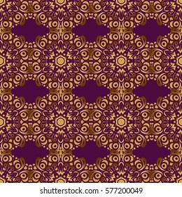 Seamless pattern of golden textured curls. Openwork weaving delicate, golden background. Oriental style arabesques on a purple backdrop. Vector brilliant lace, stylized flowers, paisley.