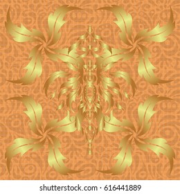 Seamless pattern of golden textured curls. Openwork weaving delicate, golden background. Oriental style arabesques on a brown backdrop. Vector brilliant lace, stylized flowers, paisley.