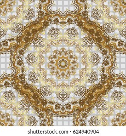 Seamless pattern of golden textured curls. Vector brilliant lace, stylized flowers, paisley. Openwork weaving delicate, golden background. Oriental style arabesques on a gray backdrop.