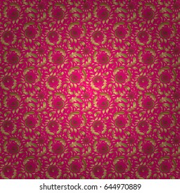 Seamless pattern of golden textured curls. Vector brilliant lace, stylized flowers, paisley. Openwork weaving delicate, golden background. Oriental style arabesques on a magenta backdrop.
