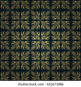 Seamless pattern of golden textured curls. Oriental style arabesques on a blue backdrop. Vector brilliant lace, stylized flowers, paisley. Openwork weaving delicate, golden background.