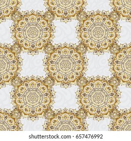 Seamless pattern of golden textured curls. Oriental style arabesques on a gray backdrop. Vector brilliant lace, stylized flowers, paisley. Openwork weaving delicate, golden background.