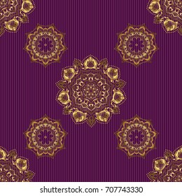 Seamless pattern of golden textured curls. Vector brilliant lace, stylized flowers. Openwork weaving delicate, golden background. Oriental style arabesques on a purple backdrop.