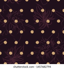 Seamless pattern with golden textured dots and abstract hand drawn flowers on dark background. Vector illustration, eps 10