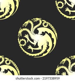 Seamless pattern of golden three-headed dragon. Endless repeating texture for printing on package, wrappers, textile, envelopes, cards, clothes or accessories.