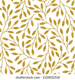 Seamless pattern with golden tree branches isolated on white. Vector luxury background with gold glittering leaves.