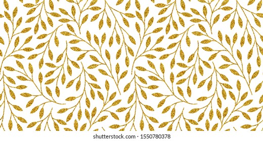 Seamless pattern with golden tree branches isolated on white. Vector luxury background with gold glittering leaves.