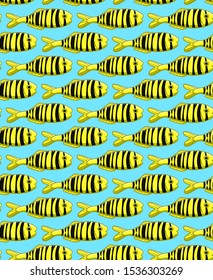 Seamless pattern with Golden trevally on blue background