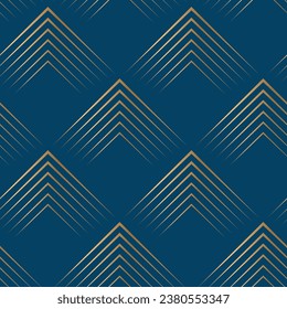 Seamless pattern with golden triangles on deep blue background. Art deco style. Vector print