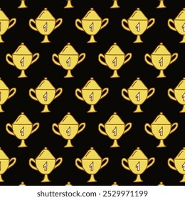 Seamless Pattern of Golden trophy Cups with Number One on Black Background. Concept of Success, Achievement, Award Trophies, Winning, victory, prize, first place award. Wallpaper, Print, Textile