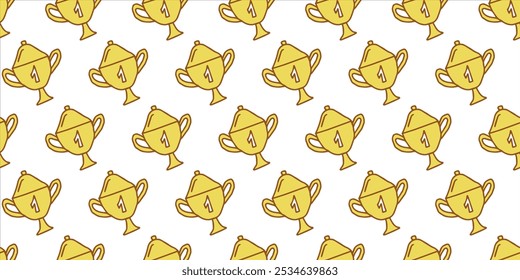 Seamless Pattern of Golden trophy Cups with Number One on White Background. Concept of Success, Achievement, Award Trophies, Winning, victory, prize, first place award. Wallpaper, Textile, Print