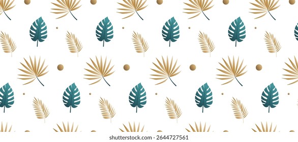 Seamless pattern with Golden tropical leaf on transparent background. Vector EPS10