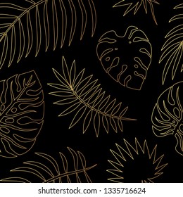 Seamless pattern with golden tropical leaves on a black background.