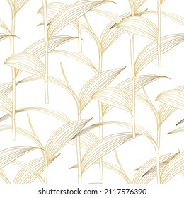 Seamless pattern with golden tropical leaves on white background.