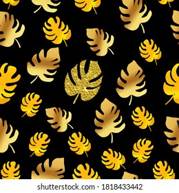 seamless pattern of golden tropical shiny monstera leaves on black background