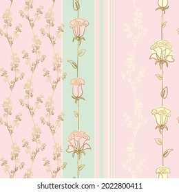 Seamless pattern. Golden twigs with berries and roses drawn in one line against a background of delicate pastel stripes. Vector. Floral art design for print, cover, wallpaper, cards and wrapping paper