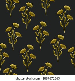 seamless pattern with golden twigs and flowers with golden gradient on dark background