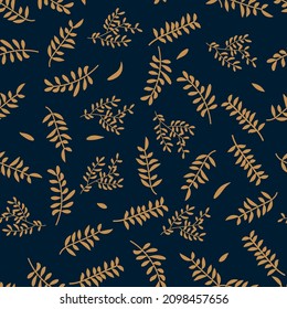 Seamless pattern with golden twigs on dark background. Vector illustration.