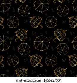 Seamless pattern of golden umbrellas. Golden drops. Black background. Stock illustration. 
linear art