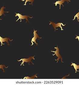 Seamless pattern golden Unicorns silhouettes running isolated on black background. Fantasy fairytale wild animals print for textile, wall paper. Magical horses repetitive texture, vector design eps 10