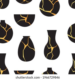 Seamless pattern. Golden vector illustration of Kintsugi. Black Japanese vintage vase in flat style. Restoration of old dishes. A stylish element for your wallpaper, banner, print design.