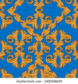 Seamless pattern with golden vintage pattern on a blue background.