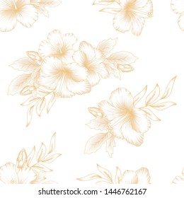 Seamless pattern with golden vintage tropical hibiscus flower bouquet