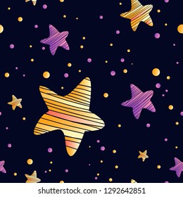 Seamless pattern with golden and violet stars and dotson black backdrop . Shining holiday background. Vector childish art