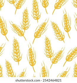 A seamless pattern of golden wheat stalks against a white background 