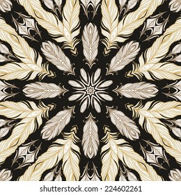 Seamless pattern with golden - white decorative feathers on dark background