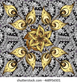Seamless pattern with golden and white elements on doodles background. Vector illustration.