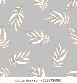 Patrón sin foco con hojas blancas doradas sobre fondo gris. Ilustración vectorial. Impresión de tejido.