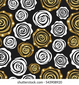 Seamless pattern with golden and white roses. Create gift and packaging paper, scrapbook, fabric materials, holiday invites, birthday cards, party decorations, clothes, textile, web pages and more
