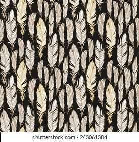 Seamless pattern with golden - white vector feathers on dark background