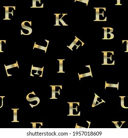 Seamless pattern of golden words on a black background.