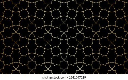 Seamless pattern with golden zigzag stripes and polygons on black background. Abstract geometric texture. Stylish background in Arabic style. Vector rapport for swatches.