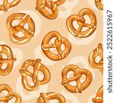 A seamless pattern of golden-brown salted pretzels, each sprinkled with coarse salt, set against a light background, creating a visually appealing and delicious design.