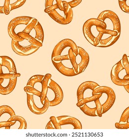 A seamless pattern of golden-brown salted pretzels, each sprinkled with coarse salt, set against a light background, creating a visually appealing and delicious design.