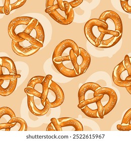 Um padrão sem emenda de pretzels com sal marrom-dourado, cada um polvilhado com sal grosso, colocado sobre um fundo claro, criando um design visualmente atraente e delicioso.