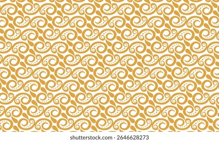 Seamless pattern of golden-orange swirls and dots on a white background, creating elegant flow and movement. Ideal for web backgrounds, wallpapers, packaging, fabric prints, and branding.