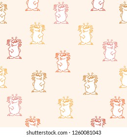 Seamless pattern with golden,orange,yellow,pink and red funny shaggy monsters on a light beige pink background.Print for fabric,wrapping paper,wallpaper,background for your design