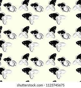 Seamless pattern with goldfish on a white background. Vector illustration. Black and white.
