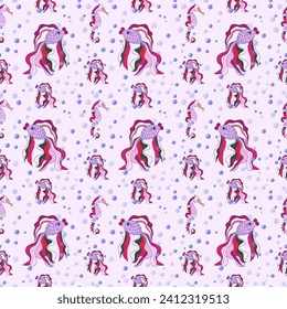 Seamless pattern with goldfish, seahorses. The underwater world.