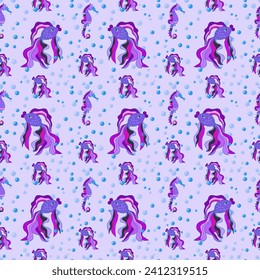 Seamless pattern with goldfish, seahorses. The underwater world.