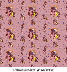 Seamless pattern with goldfish, seahorses. The underwater world.